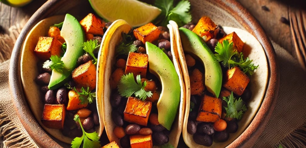 Sweet potato and black bean tacos garnished with avocado and cilantro, served with lime wedges.