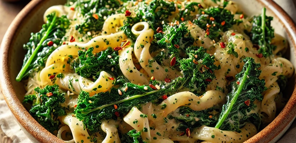 Delicious kale and tahini pasta in a bowl, garnished with red pepper flakes and lemon zest.