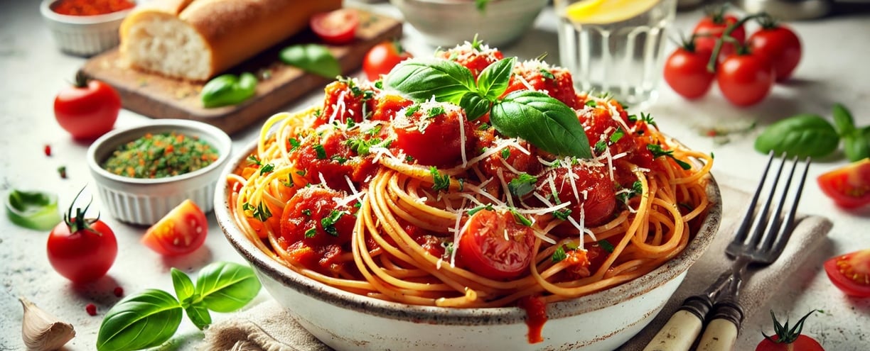 Vegan pasta in tomato sauce garnished with basil and dairy-free cheese and fresh ingredients.