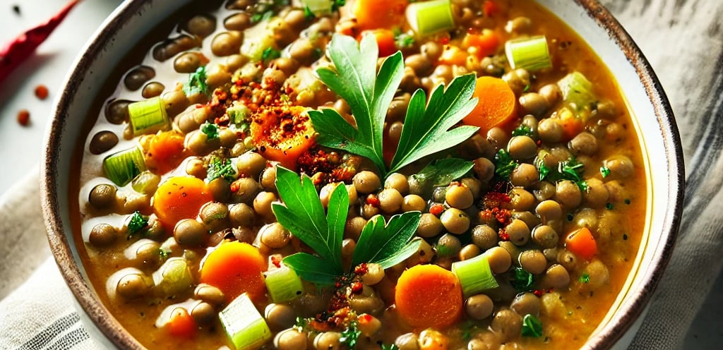 Warm bowl of vegan lentil soup with carrots, celery, and a sprinkle of paprika on top.