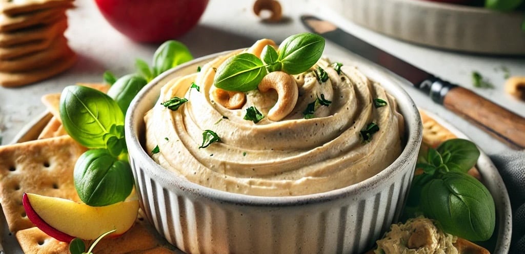 Vegan cashew cheese spread garnished with basil and cashews, served with crackers and apple slices.