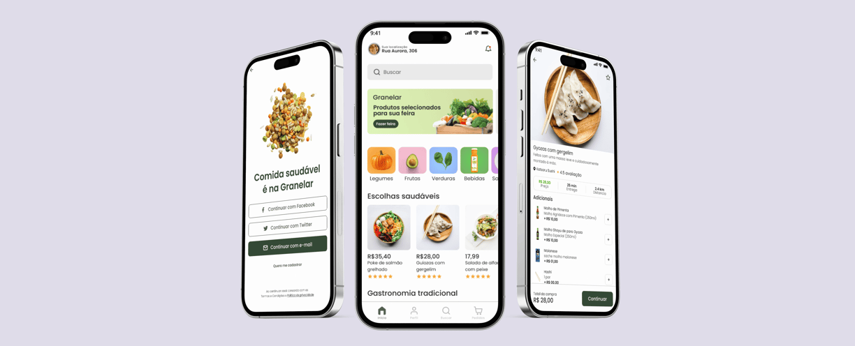 Tres celulares representando as telas de UI design desenvolvida para o  usuário do App Granelar