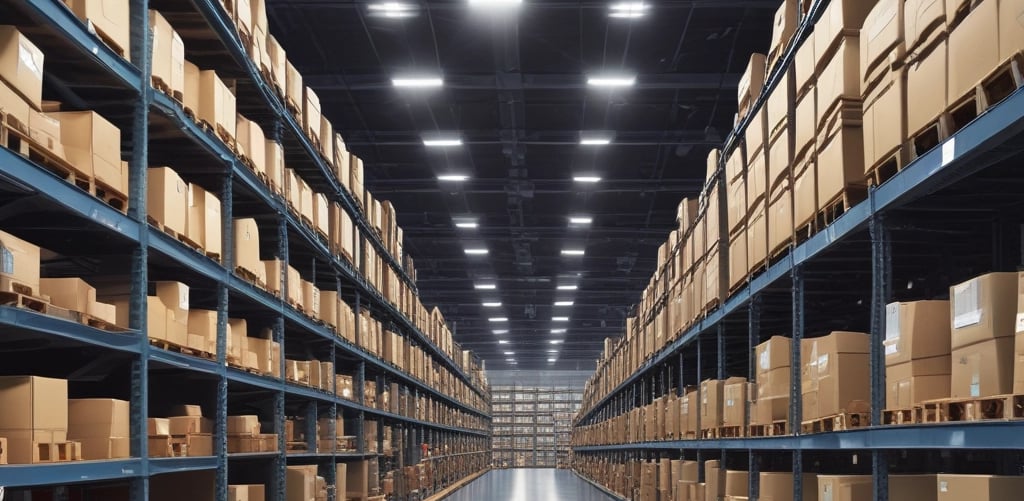 A large warehouse aisle flanked by tall metal shelves filled with stacked boxes and packages. The shelves extend towards the back of the warehouse, where they converge in the distance. The lighting is bright and industrial, with fluorescent lights illuminating the space.