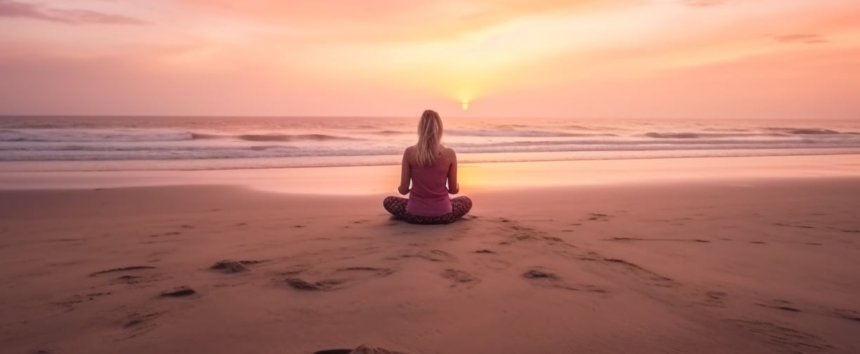 a woman sitting on a beach with a sunset in the background