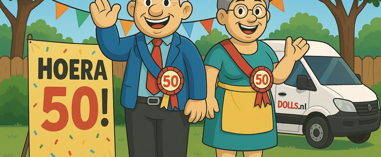 opblaas pop abraham en Sarah 50 jaar op grasveld met bestelbus Partydolls.nl op de achtergrond