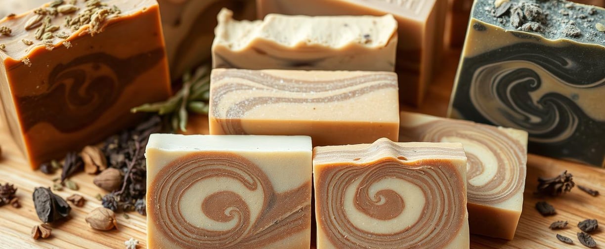 swirled homemade soap with botanicals around it, 