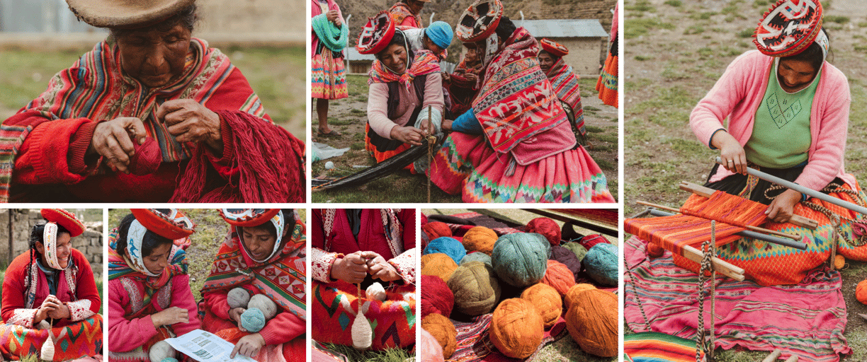 Collage de imágenes del trabajo diario de miembros de la Cooperativa Artesanal de Ollantaytambo