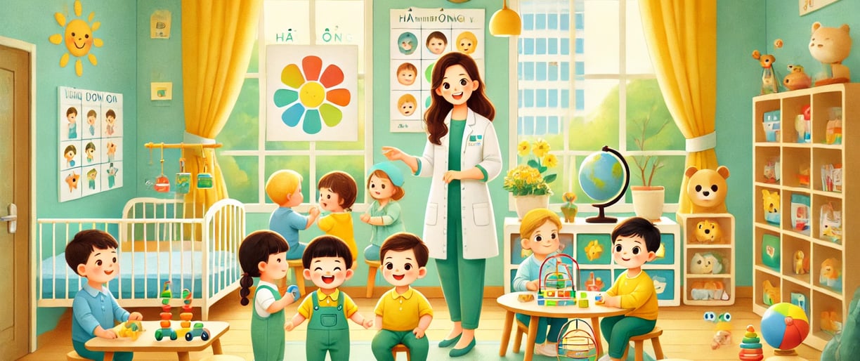 ✅ Giáo viên hướng dẫn trẻ chậm nói tập phát âm tại trung tâm can thiệp sớm.
