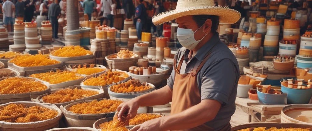 a man in a hat and a mask selling natural honey