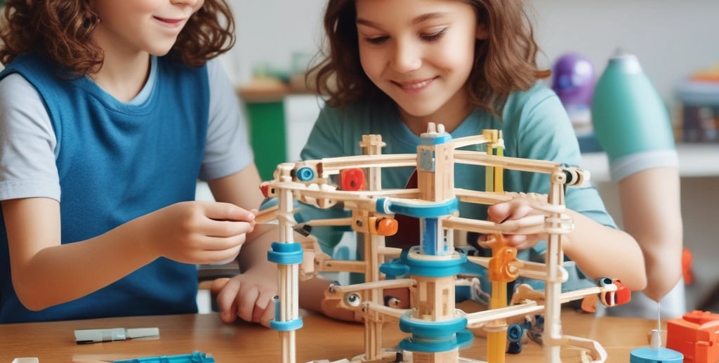 A group of colorful toy robots arranged on a wooden floor, featuring vibrant colors and intricate designs. Each robot is made of interlocking pieces in various poses, showcasing imaginative play. The scene captures a dynamic and playful moment, with toys spread out across the floor.
