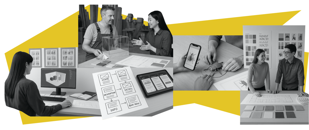 Team erstellt Prototypen von Ausstellungsdesigns mit digitalen Tools, Skizzen und Materialien Proben