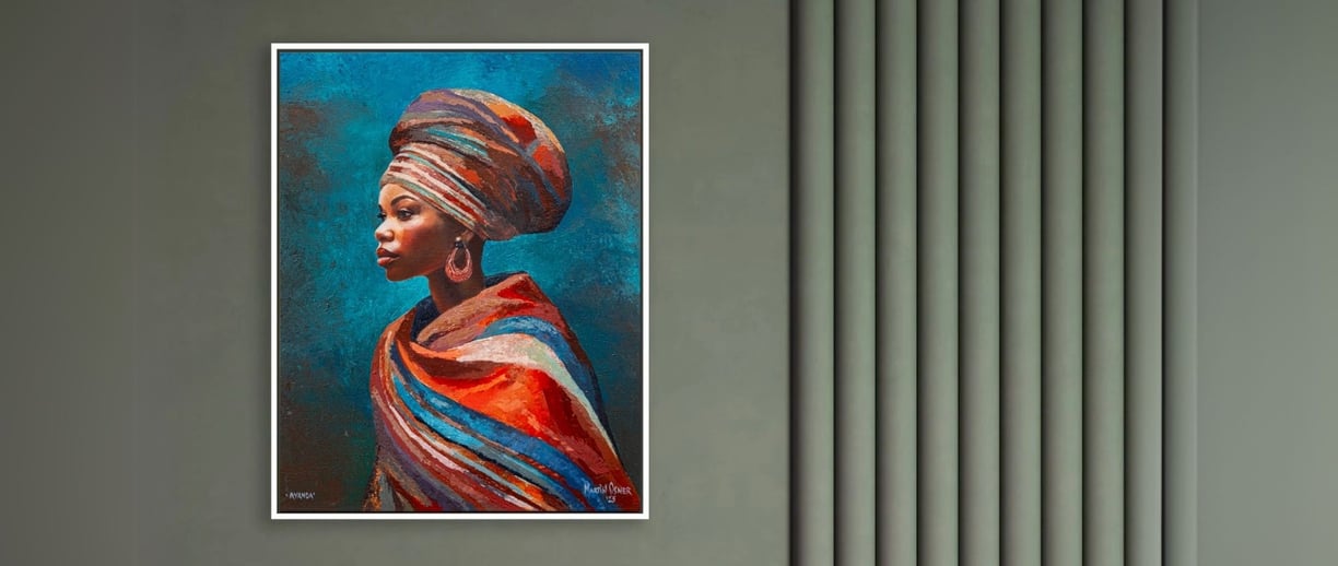 African Queen portrait painting by Martin Osner, featuring a woman in traditional attire against a textured teal background.