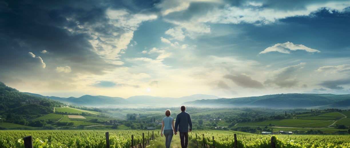 a couple holding hands in the middle of a rolling vineyard