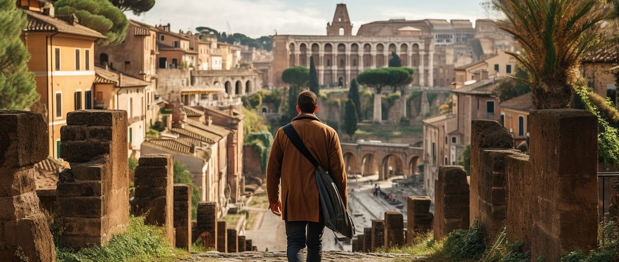 a man walking in the middle of an ancient street in Rome