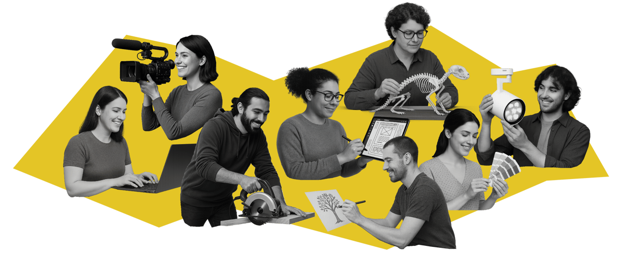 Collage of diverse team members working across design, media, tech, and lighting.