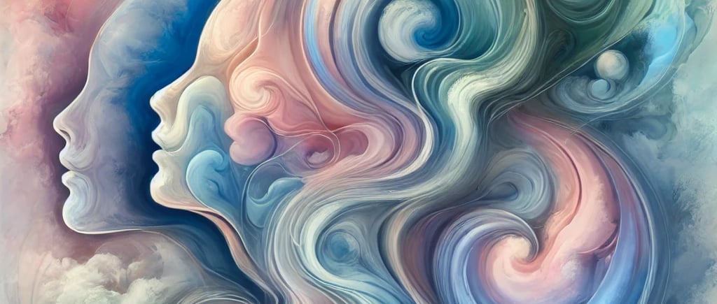 Artistic depiction of faces merged with pastel swirls, illustrating mind-body unity.