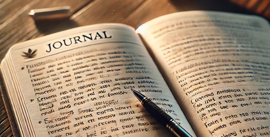 Sunlit notebook with detailed entries and a fountain pen, used for mental health journaling.