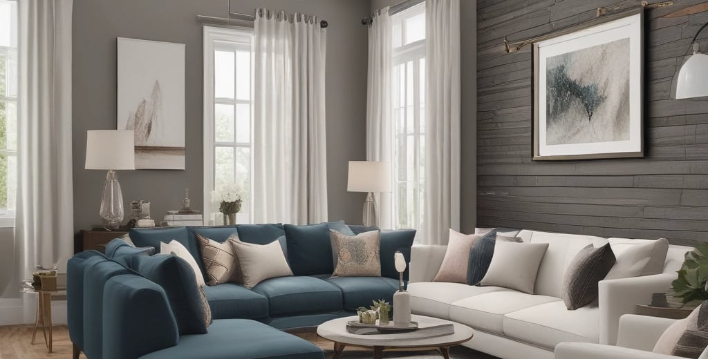 Warm ambient lighting fills a room decorated with stylish, organic-shaped furniture and accent pieces. Hanging woven light fixtures create a cozy atmosphere, with matching sculptures and vases enhancing the design. Archways and soft shadows add depth and intrigue to the setting.