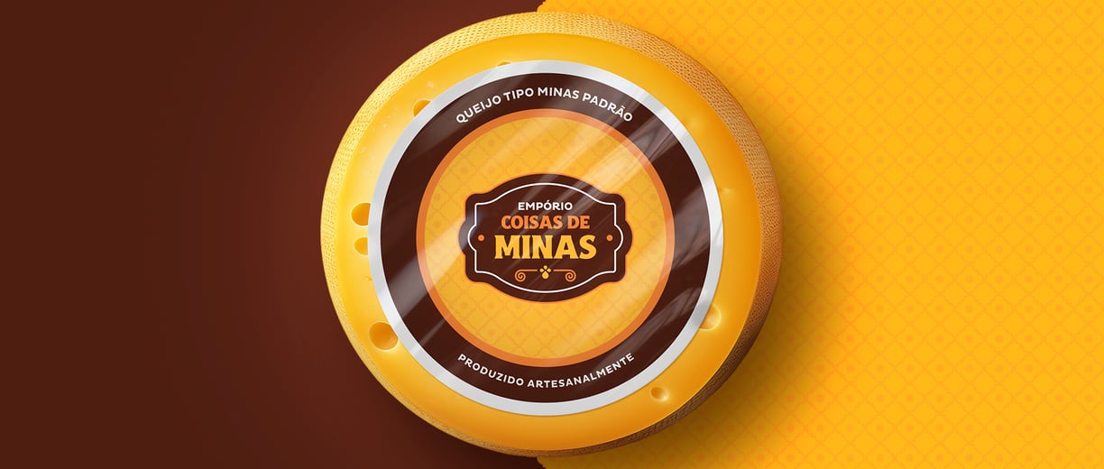 cheese with label and visual identity and logo of Empório Coisas de Minas