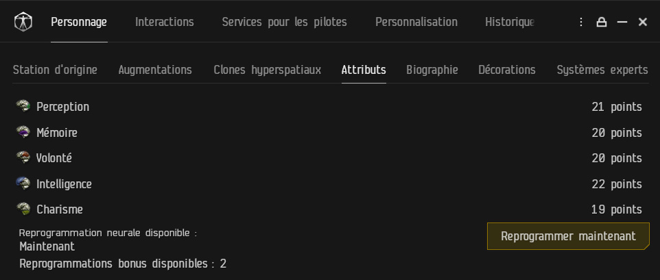 Jeu MMORPG Eve Online New Eden attributs du personnage