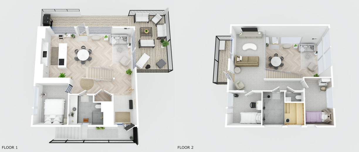 PLUS 3D floor plan of floors 1 and 2 with realistic materials and furniture.