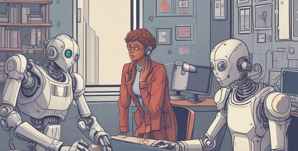 a robot - like robot with a woman in a red jacket