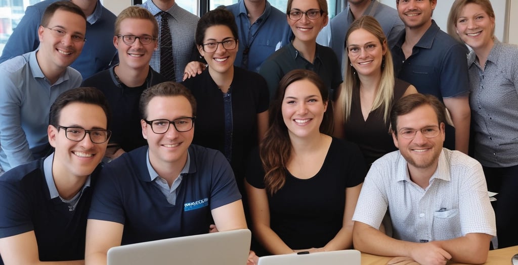 a group of people sitting around a table with laptops