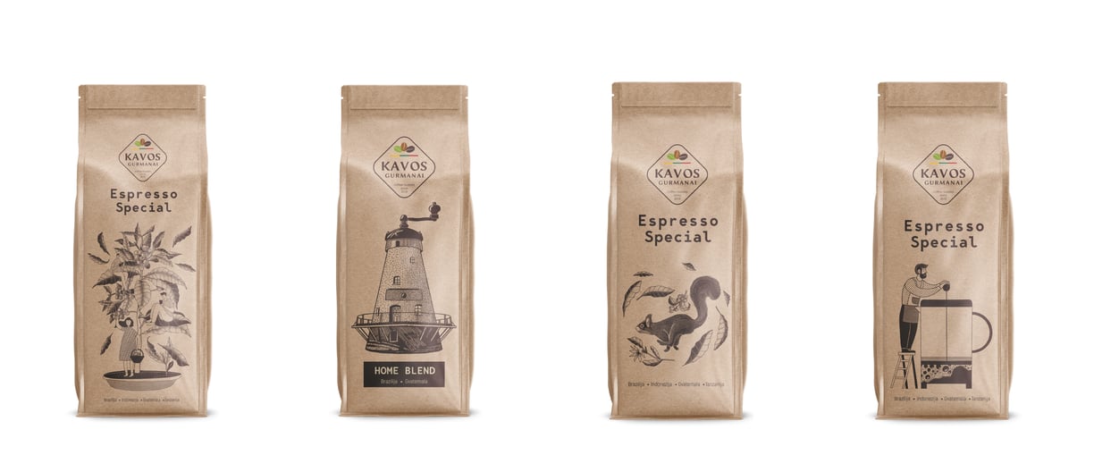 four coffee bags with funny illustrations for espresso and home blend