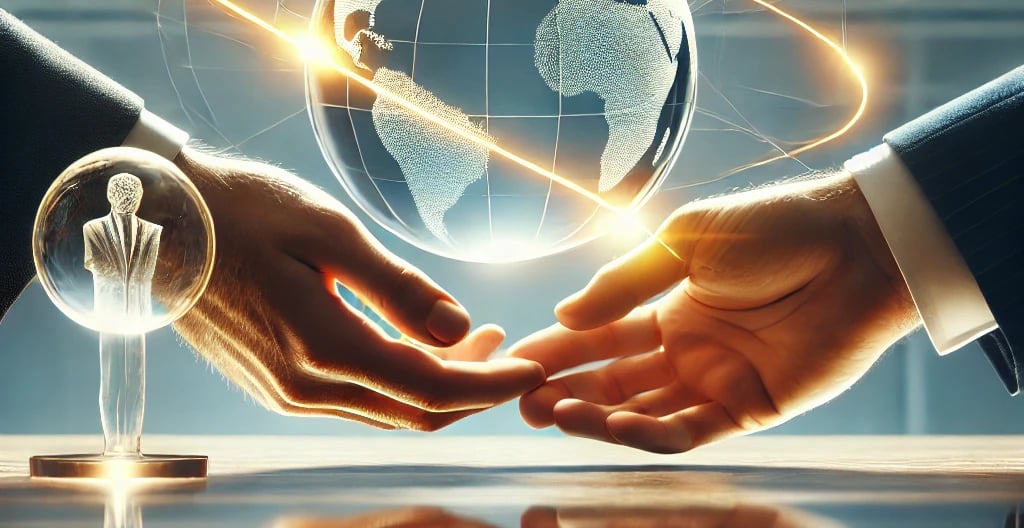two hands holding a globe with a globe in the background