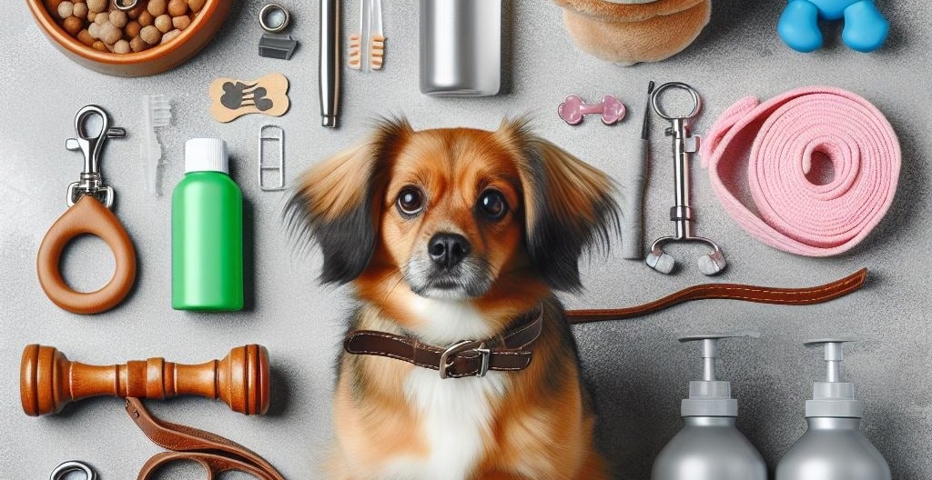 An assortment of essential items for dogs and also grooming tools.