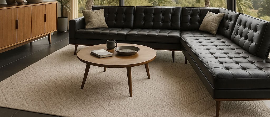 Black Mid-Century sectional in a sunlit room with wood ceilings and neutral decor