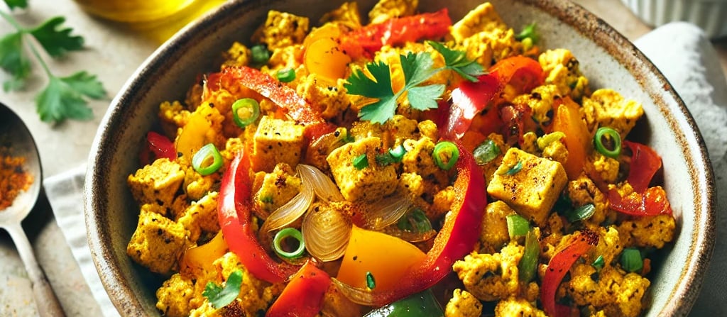 Spicy tofu stir-fry with bell peppers, onions, and fresh herbs in a rustic bowl.