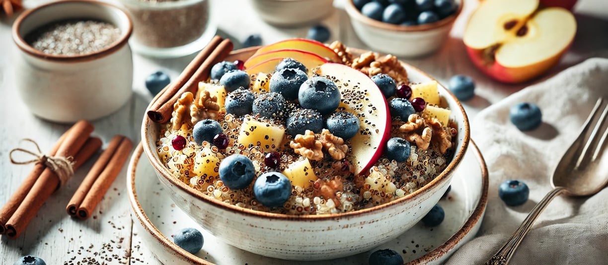 Quinoa breakfast bowl with blueberries, nuts, and chia seeds, served in a ceramic bowl.