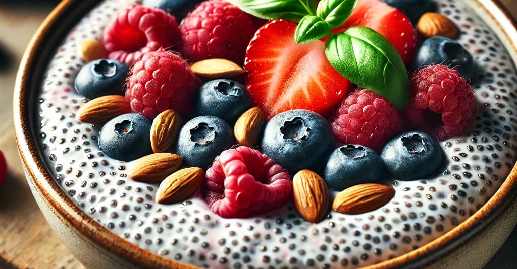 Chia seed pudding with blueberries, strawberries, raspberries, and almonds in a rustic bowl.