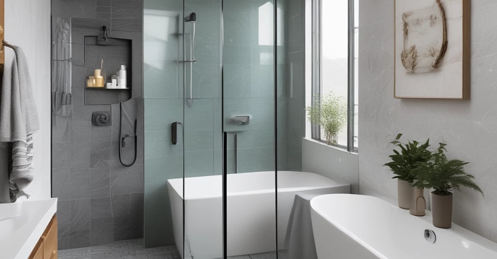 A modern bathroom showroom featuring a toilet, a glass shower enclosure, and dark tile flooring. The walls incorporate built-in cabinetry with minimalist designs. A wicker basket and some packaged products are visible under a counter.