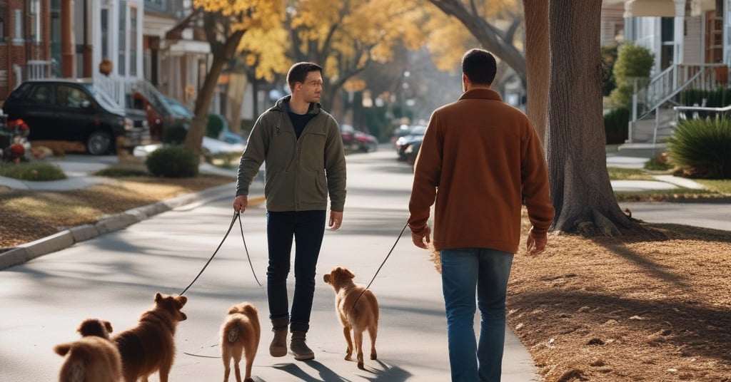man in black jacket and gray pants walking with brown short coated dog on snow covered