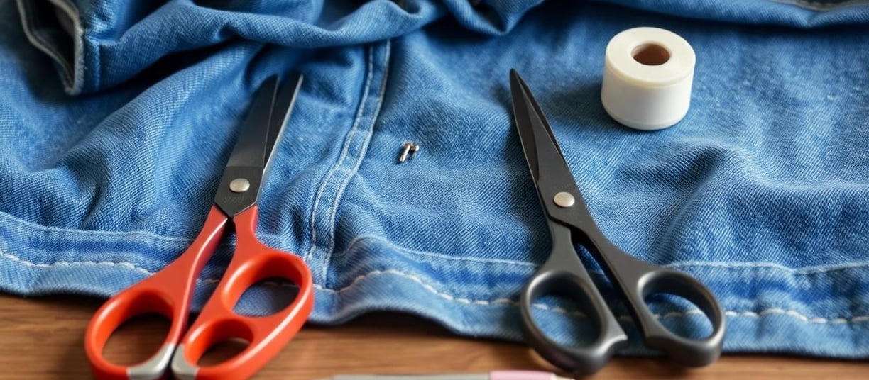 a pair of scissors and blue jeans on a table
