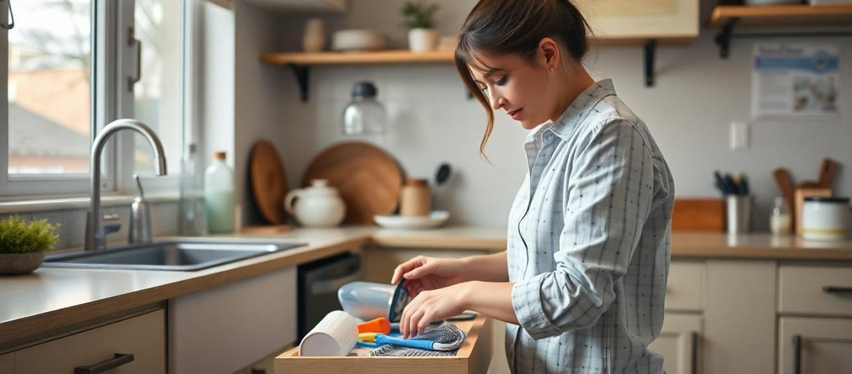 woman cleaning out a junk drawer in the kitchen