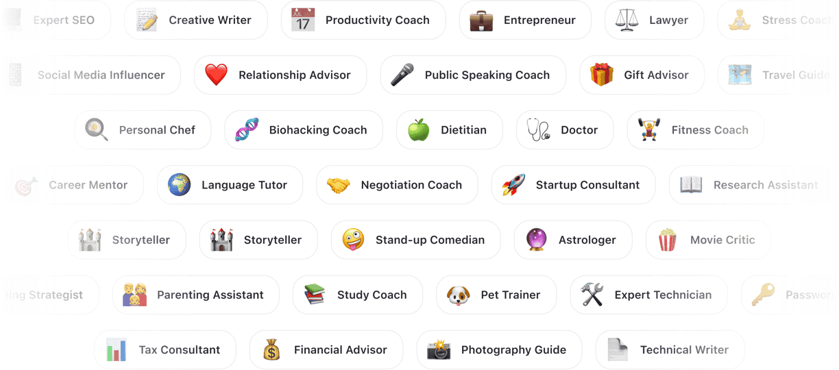 Grid of AI expert roles each paired with a unique emoji.