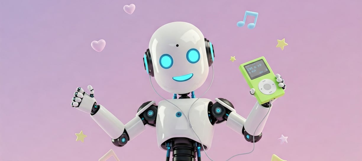 Robot humanoide bailando con un MP3 en la mano.