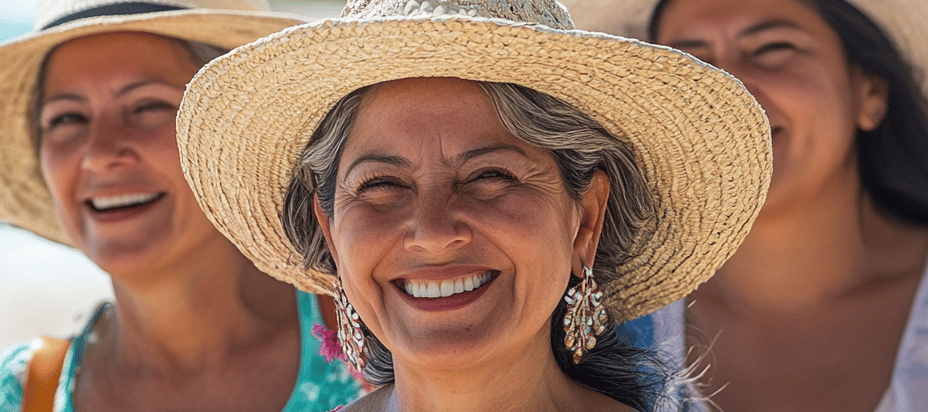 Tres mujeres mayores sonriendo en la playa con sombrero 