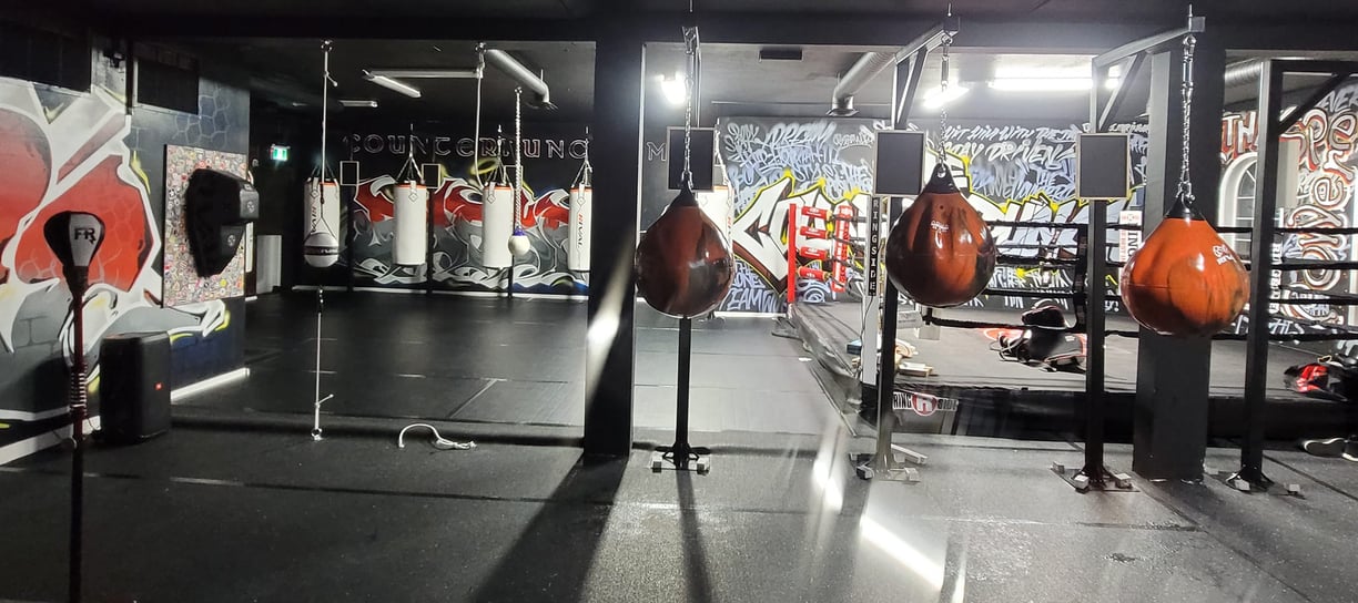 a tough gym with punching bags and a boxing ring