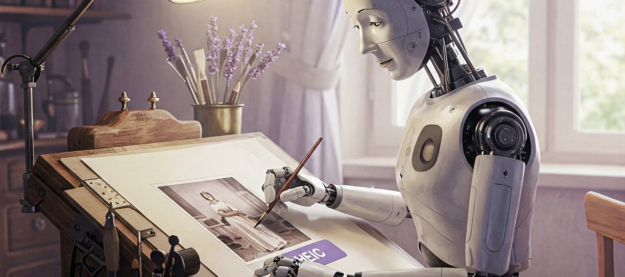 Robot humanoide reproduciendo una foto HEIC sobre una mesa de dibujo.