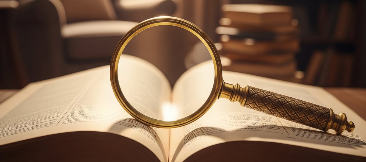 A golden magnifying glass standing on its side on top of an open book.
