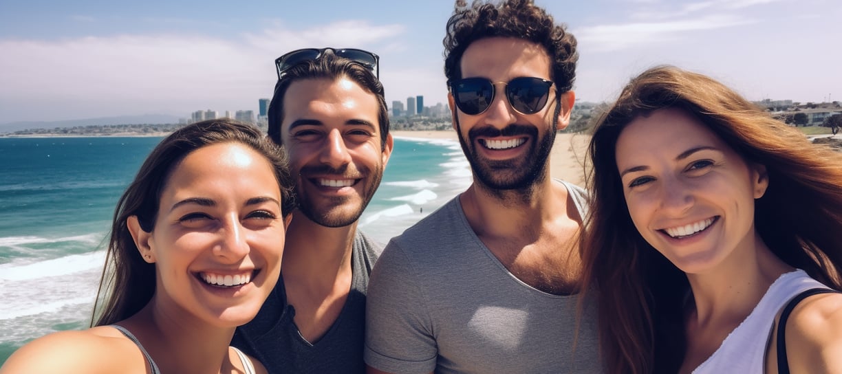 a group of friends taking a selfie with a camera