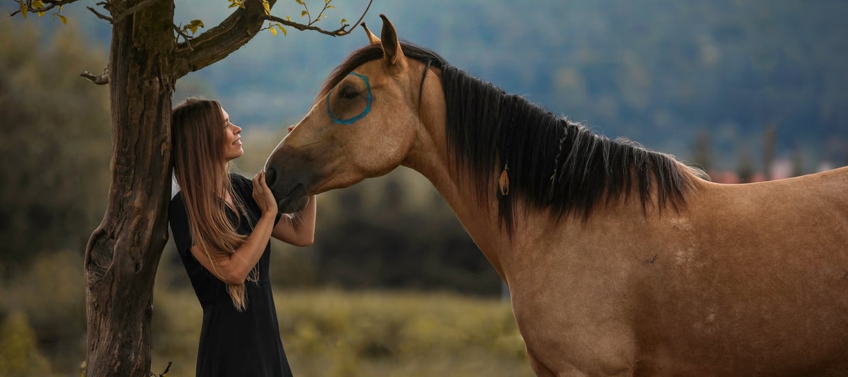 Kasia with her buckskin mustang akhal teke horse doing a Native American style Indian photo shoot 
