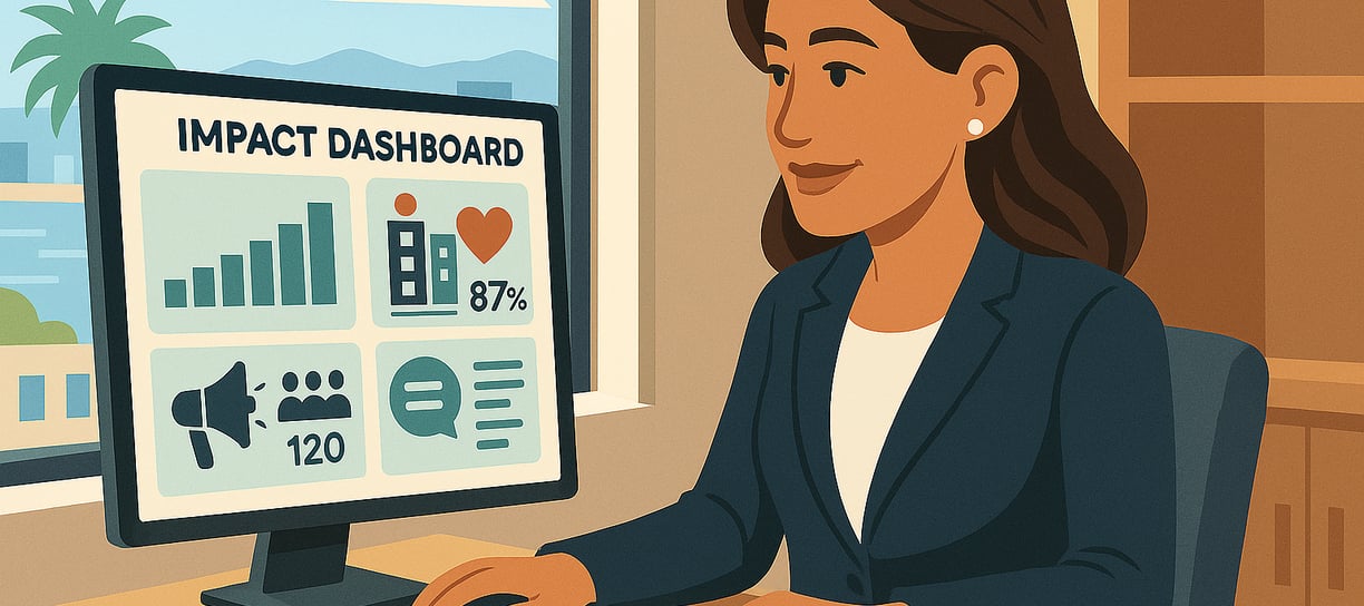 Executive views a PRM Impact Dashboard on her computer monitor.