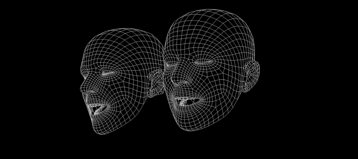 a pair of two heads of a man and woman singing a bambera made through cinema 4D