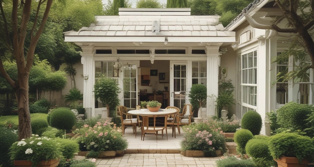 a patio with a table and chairs and a table