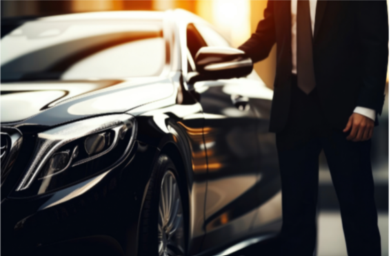 a private driver in a suit and tie standing next to a car